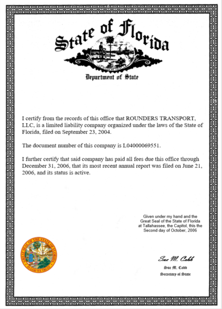 USA State of Florida certificate of business license Word and PDF template